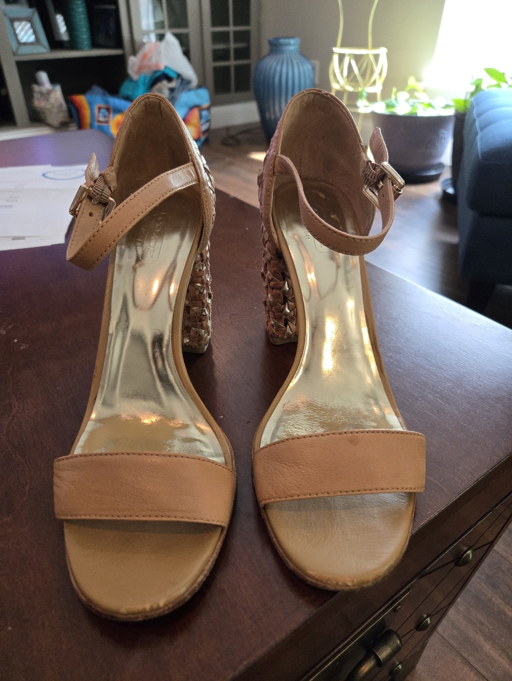 Coach Tan Leather Ankle-Strap Block Heel Sandals